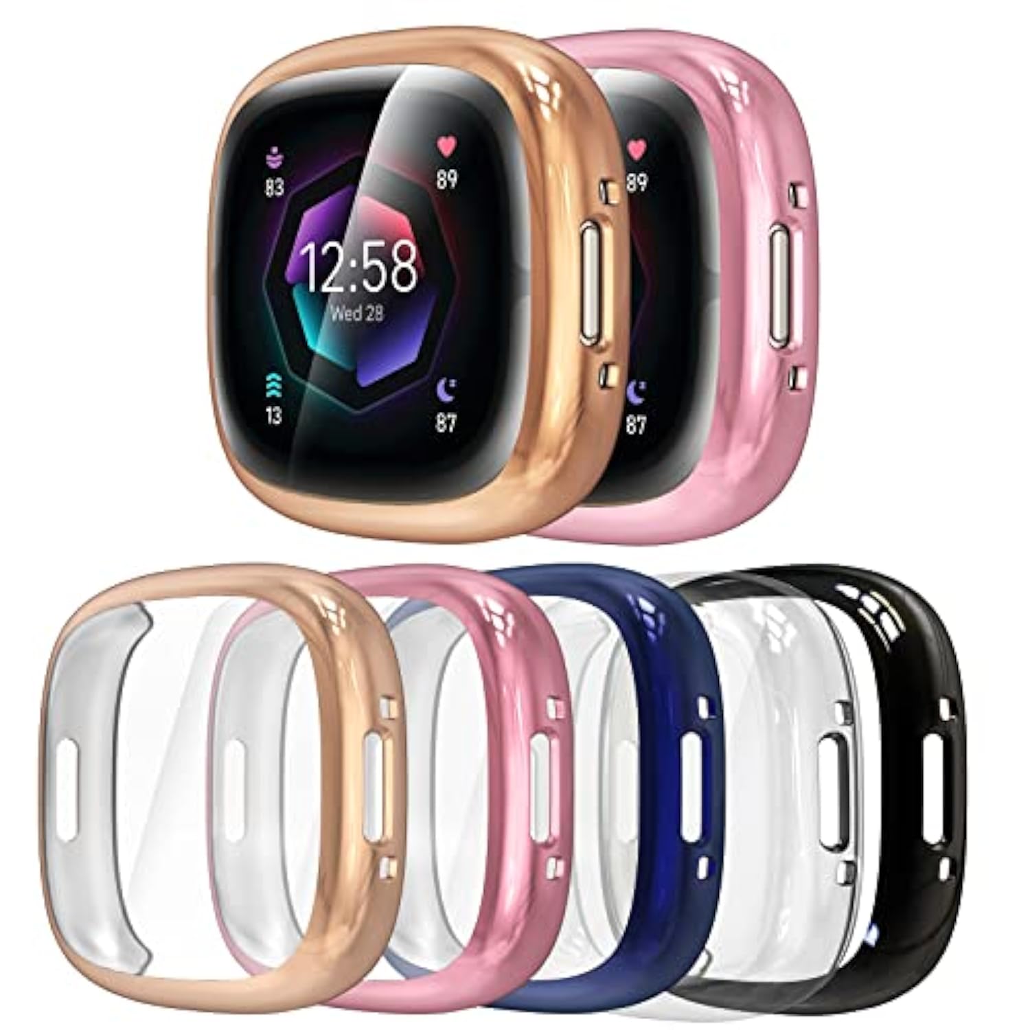 5 Pack Silicone Screen Protector Case Compatible With Fitbit Sense 2/Versa 4, Full Coverage Hd Ultra-Thin Tpu Bumper Case Compatible With Fitbit Versa 4/Sense 2, Clear/Black/Blue/Rose Gold/Pink
