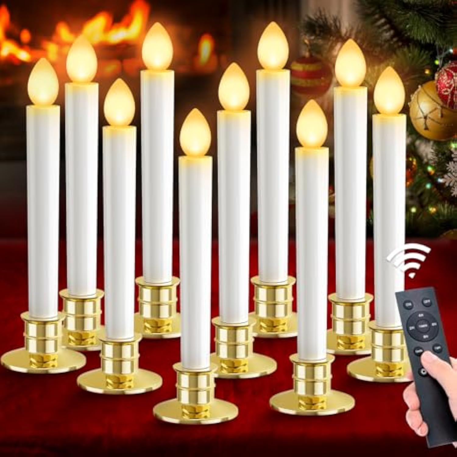 Christmas Window Candles Lights: 10 Pack Flameless Candles Battery Operated Candles With Remote Control Timer Christmas Decorations Taper Led Candle Gold Holders For Window Decor Party Table Top