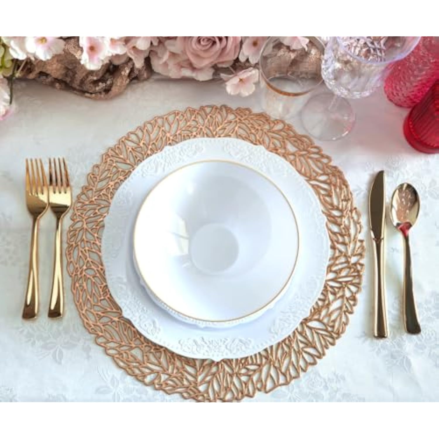 Occasions 10 Pieces Pack Pressed Vinyl Metallic Placemats/Wedding Accent Centerpiece Placemat (Spring, Rose Gold)
