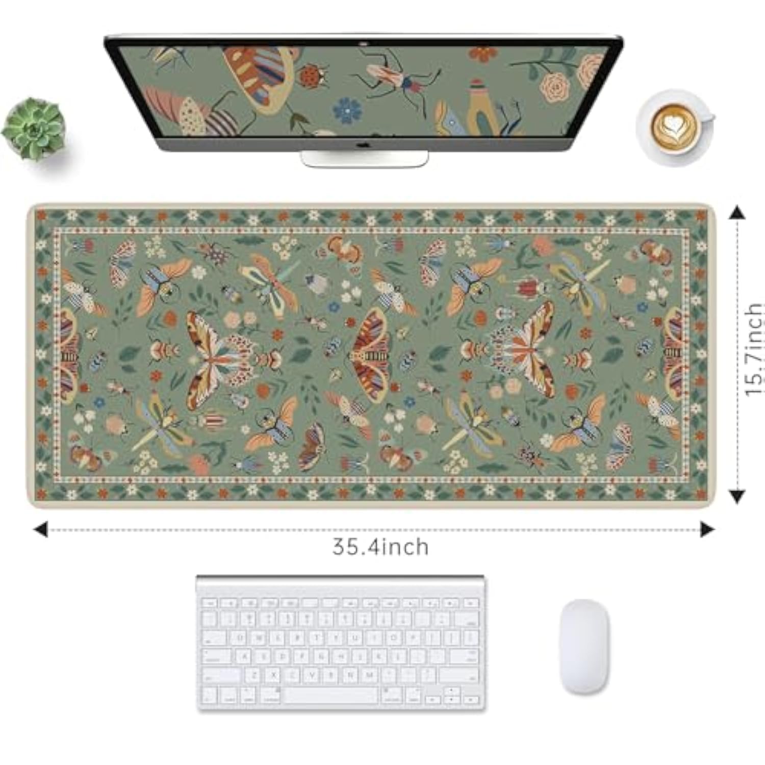 Large Mouse Pad For Desk, Desk Matt For Desktop, Non-Slip Cute Keyboard Mats, Floral Keyboard Mat With Stitched Edge For Gaming, Office Aesthetics (Green)