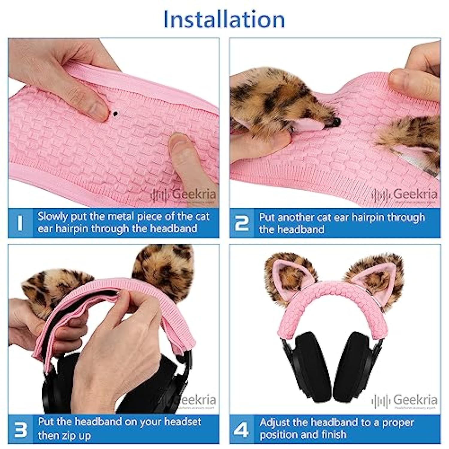 Geekria NOVA Knit Fabric Headband Cover and Cat Ears Attachment Set Compatible with Razer, SteelSeries, HyperX, Sennheiser, Astro, Sony, Logitech, ATH Headphones (Black/Pink)