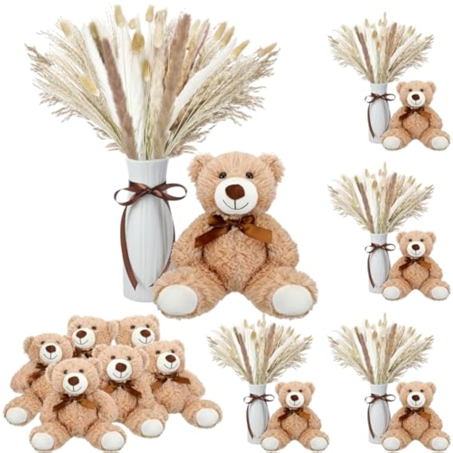 6 Sets 123 Pcs Baby Shower Table Centerpieces Dried Pampas Decor Bear Stuffed Ceramic Look Plastic Vase With Bow For Boho Wedding Bridal Shower Flowers Table Decorations(Blue,Boy)