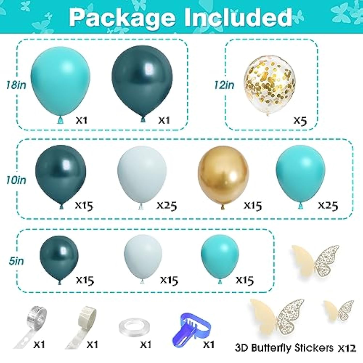 Teal Balloons Garland Arch Kit, 148Pcs Dark Teal Diffan Blue Turquoise Metallic Gold Balloon With 12Pcs Gold Butterfly Stickers For Birthday Baby Bridal Shower Wedding Party Backdrop Decorations