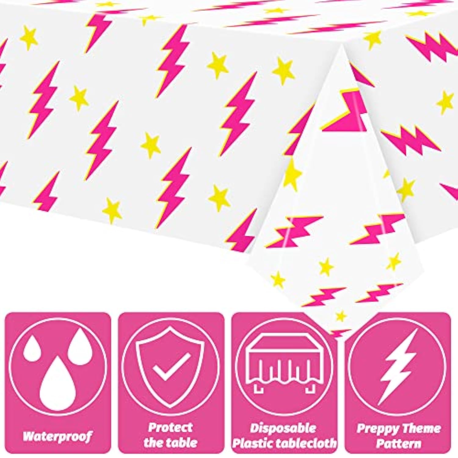 3Pcs Preppy Pink Lighting Bolt Party Tablecloths Plastic Rectangle Table Covers Disposable Y2K Tablecloth For Girls Birthday Bachelorette Early 2000S Theme Party Supplies 51.2 X 86.6 In