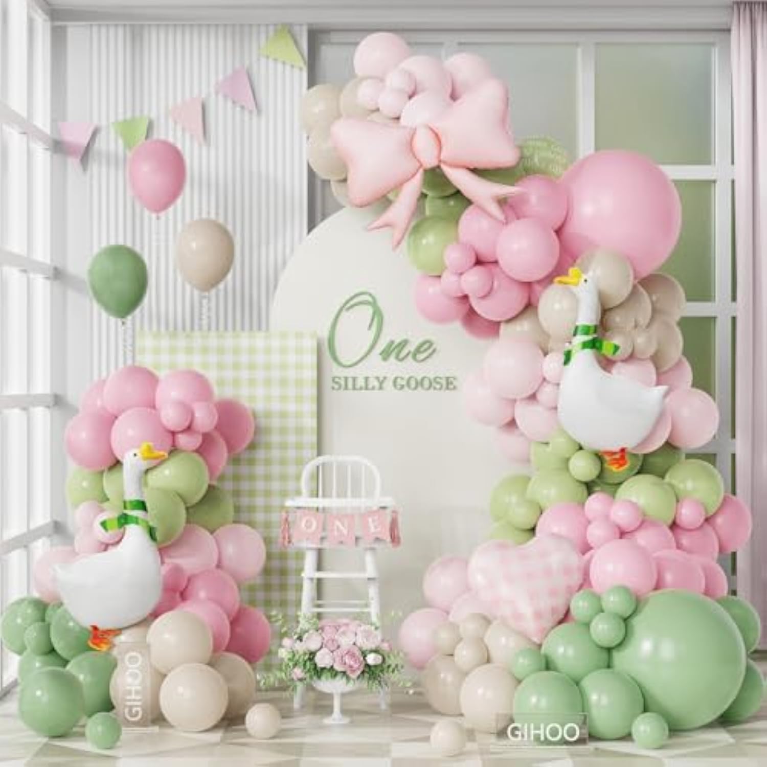 One Silly Goose Balloon Arch Kit With Walking Silly Goose And Gingham Foil Balloons For Farm Animal Goose Themed Birthday Baby Shower Decoration