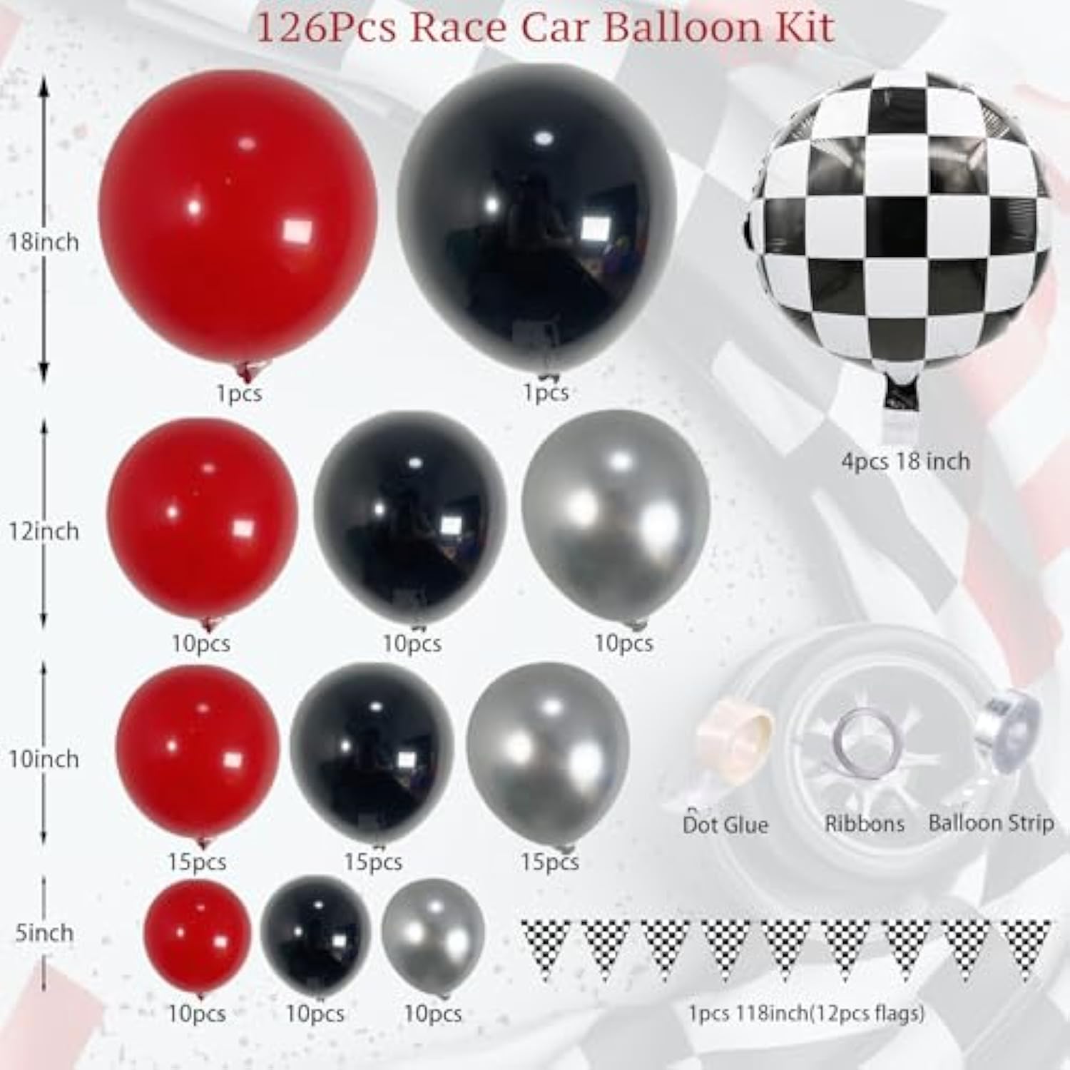 Race Car Balloon Arch Garland Kit 126Pcs Red Black And Metallic Silver Balloons With Checkered Foil Balloons And Checkered Flag Banner For Two Fast Birthday Party Decorations