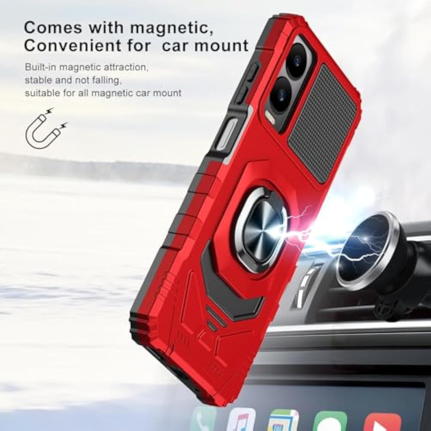 Compatible For Cricket Debut S3 (U572Ac) Case, At&T Vista 2 (U572Aa) Case, With Tempered Glass Screen Protector, Metal Ring Magnetic Support Kickstand Heavy Duty Drop Protection Phone Case (Red)