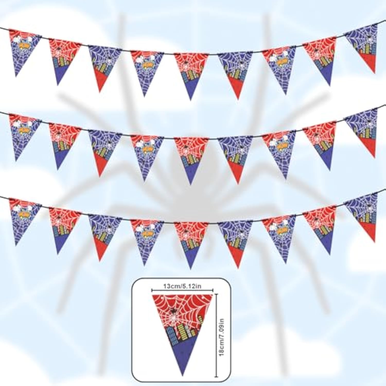 3Pcs Spider Theme Birthday Banner, Pre-Strung Spider Web Pennant Triangle Flags Anime Cartoon Hanging Garland Bunting Decorations For Boys Kids Baby Shower Birthday Party Backdrop Supplies