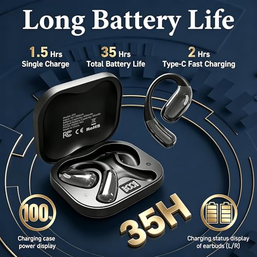 Open Ear Headphones, Wireless Headphones With Smart Digital Display & Mic, Open Ear Earbuds 35H Playtime, Sweat Resistant & Waterproof, Secure Comfortable Fit - Running, Sport, Driving, Daily (Black)