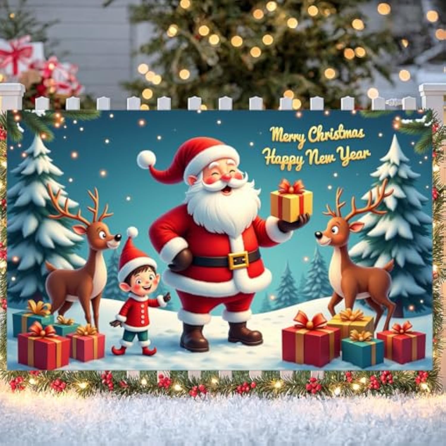 Cute Santa & Elk Banner 71x43in Christmas Photo Booth Backdrop Party Decor