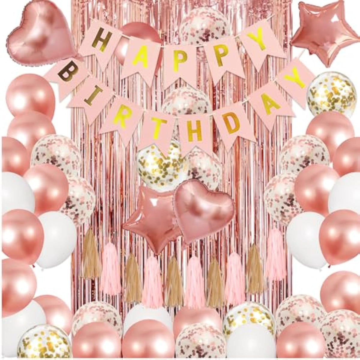41pcs Rose Gold Birthday Kit with Confetti Balloons, Banner & Fringe Curtains