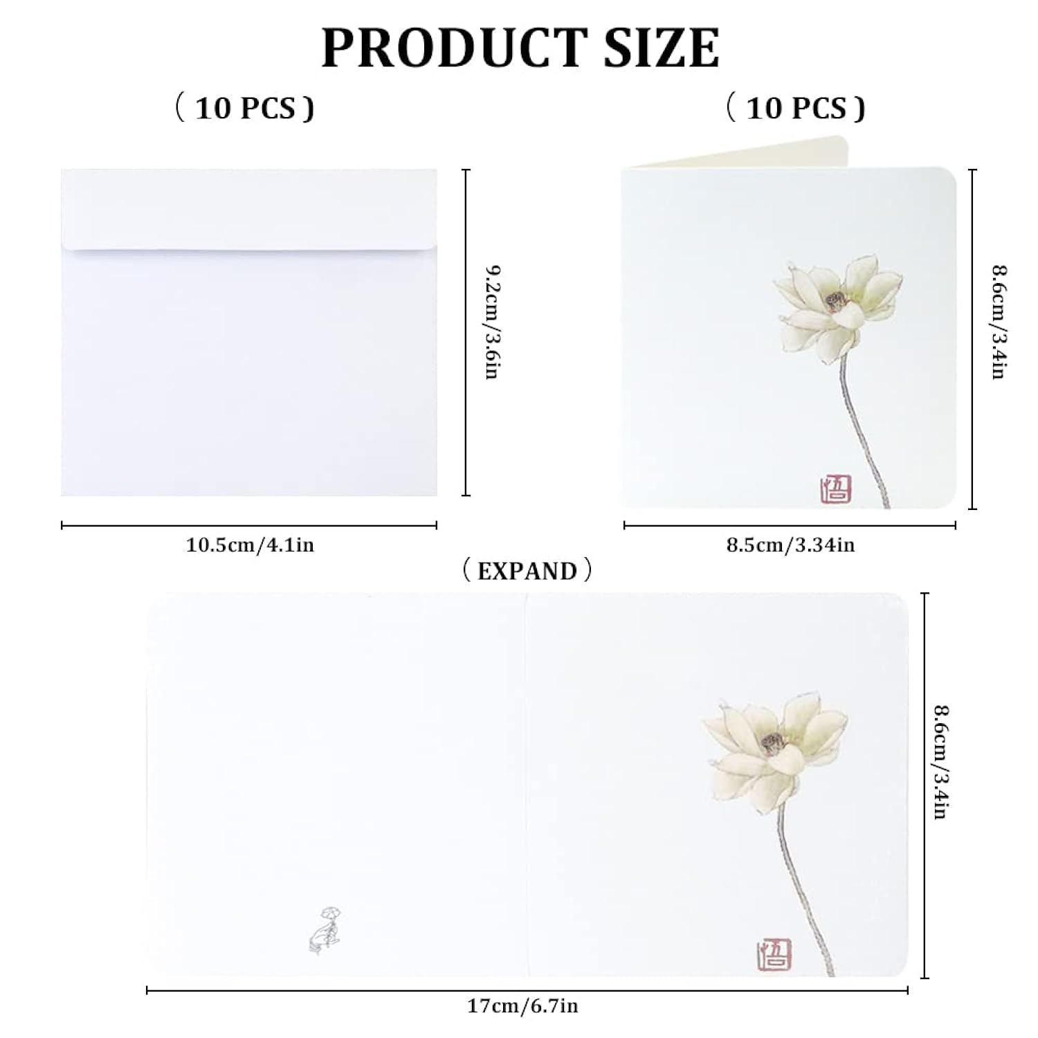 10Pcs All Occasion Greeting Cards With Envelopes Blank Inside, Printable Botanical Notecard Set, 3X3In Simple Plain Half Fold Note Card Small, Vintage Stationary Card (Lotus)