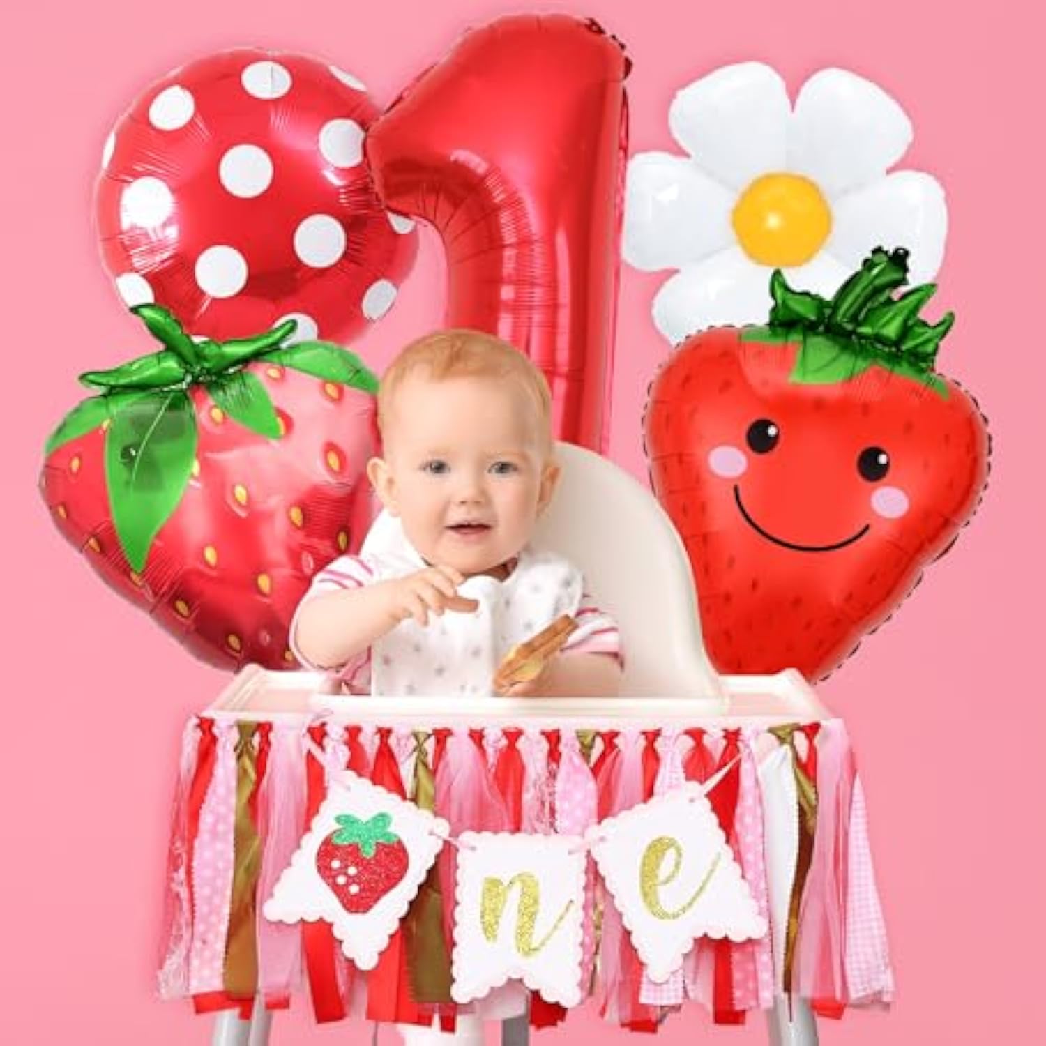 Strawberry First Birthday High Chair Banner Mylar Balloons Strawberry First Birthday Decorations Sweet One Party Supplies Photo Prop