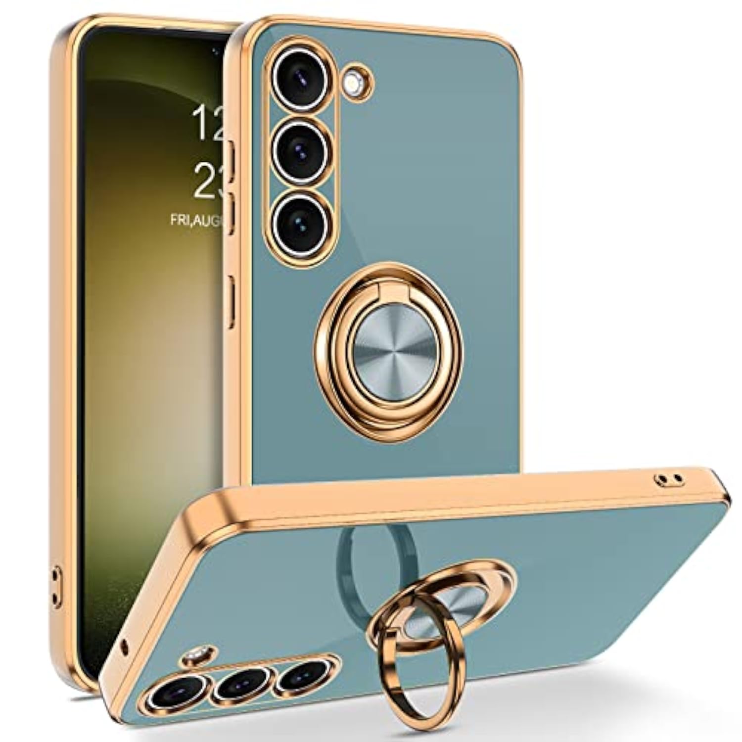 For Samsung Galaxy S23 Case, 360° Ring Holder Kickstand Support Car Mount Elegant Plating Edge Slim Shockproof Soft Tpu Protective Phone Cover For Samsung Galaxy S23 6.1" 2023, Gary Green