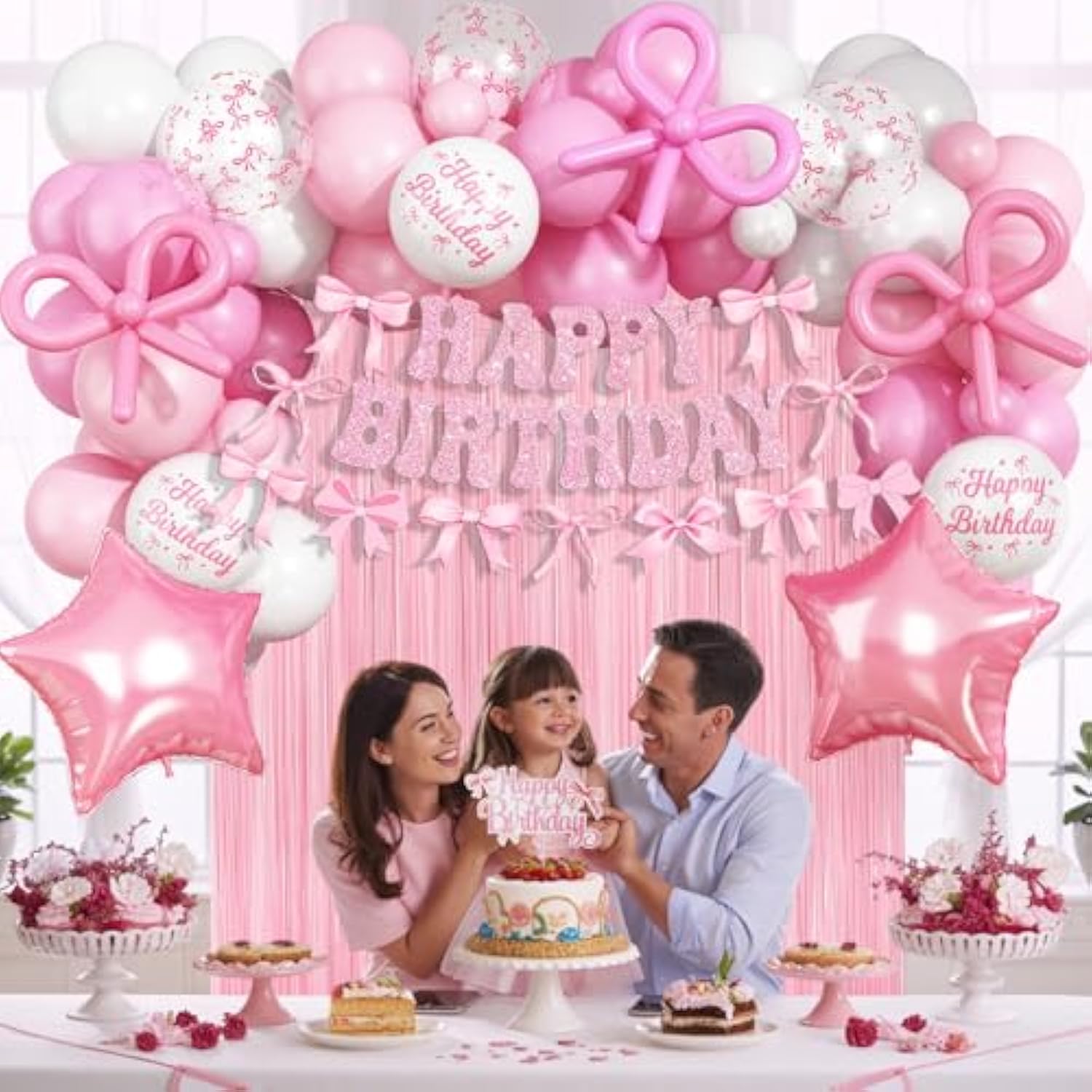 Pink Bow Birthday Decorations, Coquette Party Decoration For Girls Women Pastel Light Pink White Bow Latex Balloons Happy Birthday Banner Cake Topper For Baby Shower Bachelorette Party Decor Supplies