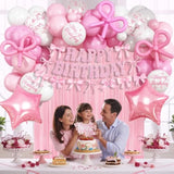 Pink Bow Birthday Decorations, Coquette Party Decoration For Girls Women Pastel Light Pink White Bow Latex Balloons Happy Birthday Banner Cake Topper For Baby Shower Bachelorette Party Decor Supplies