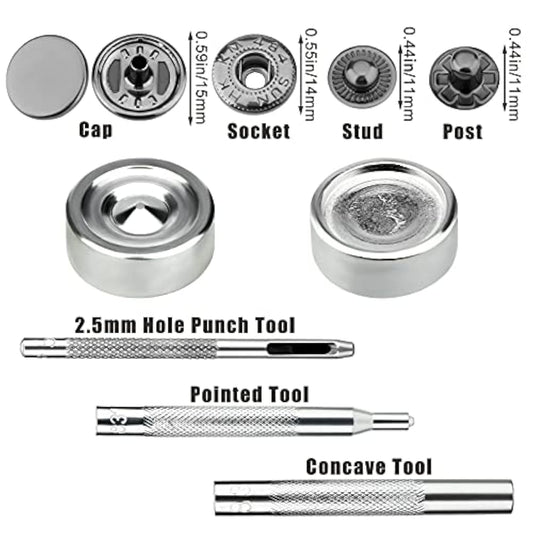 12 Sets 15Mm Snap Buttons Fastener Kit No Sew Removable Metal Heavy Du