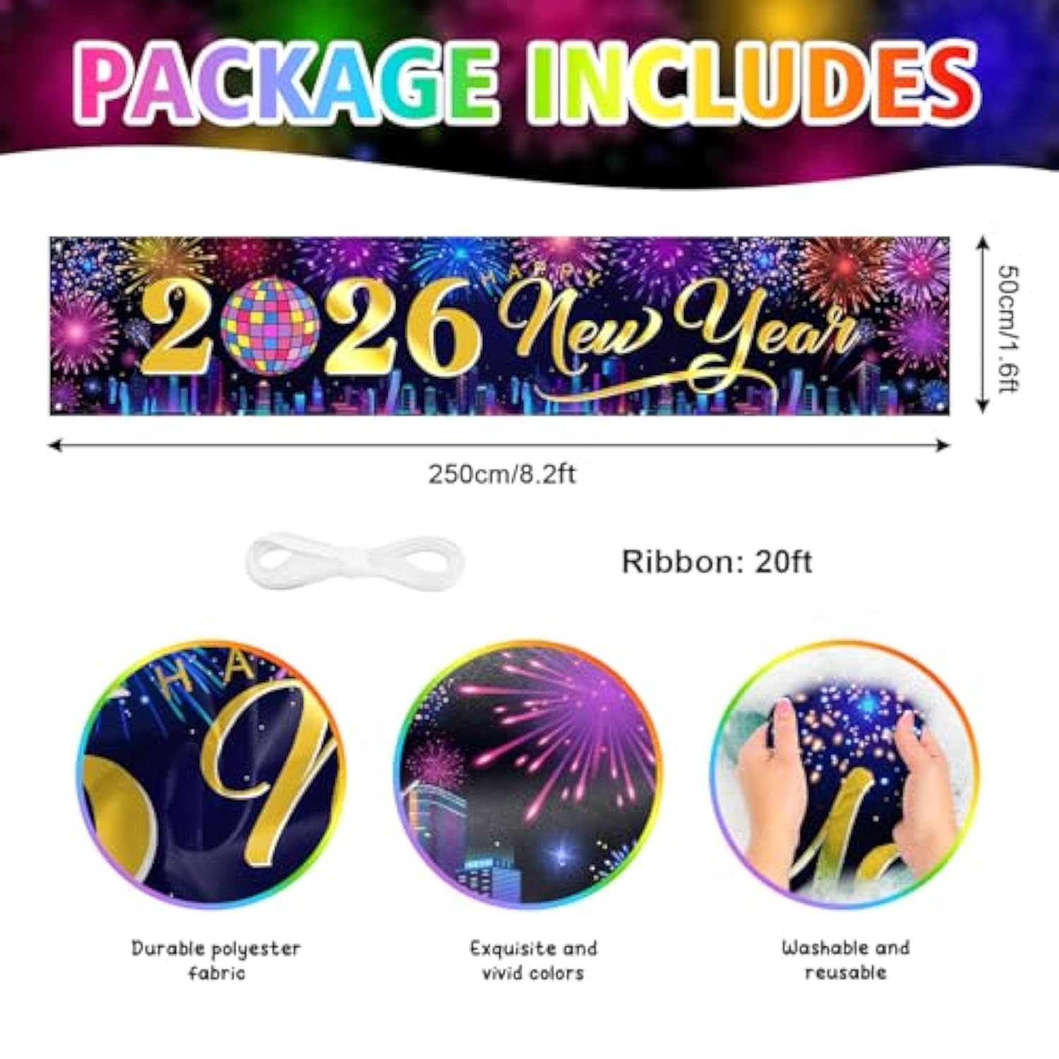 2026 Happy New Year Banner City Night Fireworks Party Backdrop 8x1.6ft
