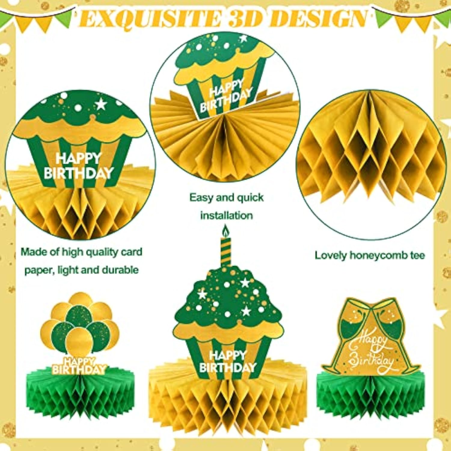 12 Pieces Green And Gold Happy Birthday Decoration Green Gold Honeycom