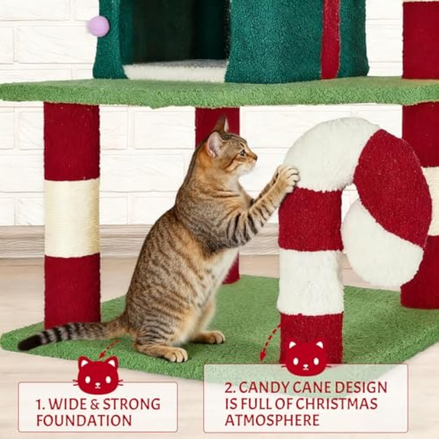 Christmas Cat Tree Tower For Indoor Cats - 45In Multi-Level Cat Climbing Tower With Cat Condos, Xmas Tree Gift Box Shaped Condo Candy Cane Design Cute Cat Tree Tower Holiday Decoration