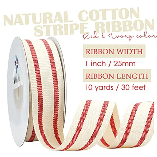 Natural Cotton Ribbon Stripes Fabric Ribbon 1 Inch Red And White Strip