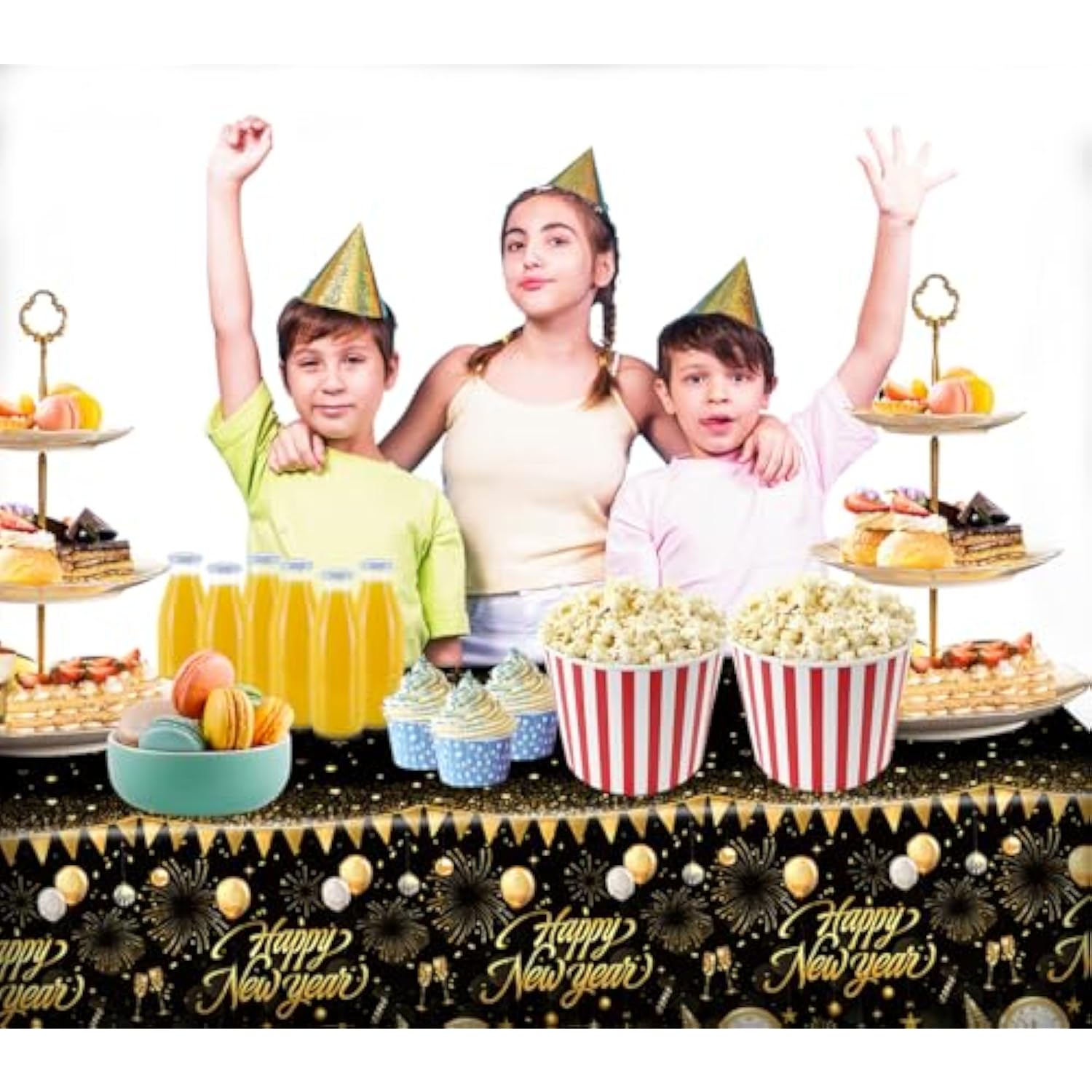 6Pcs Black Gold Happy New Year Tablecloth 108x54in Disposable Party Decor
