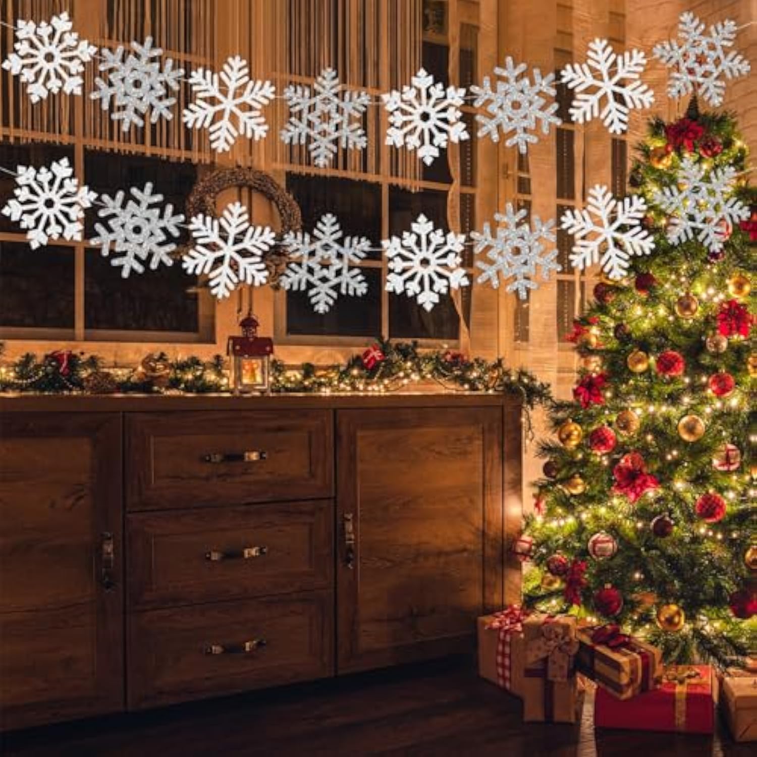 Snowflake-Snow White-Silver Christmas Party-Decoration Garland - 24Pcs Frozen Winter Wonderland Ornaments Hanging Paper Streamers,New Years Birthday Holiday Classroom Ceiling Decor