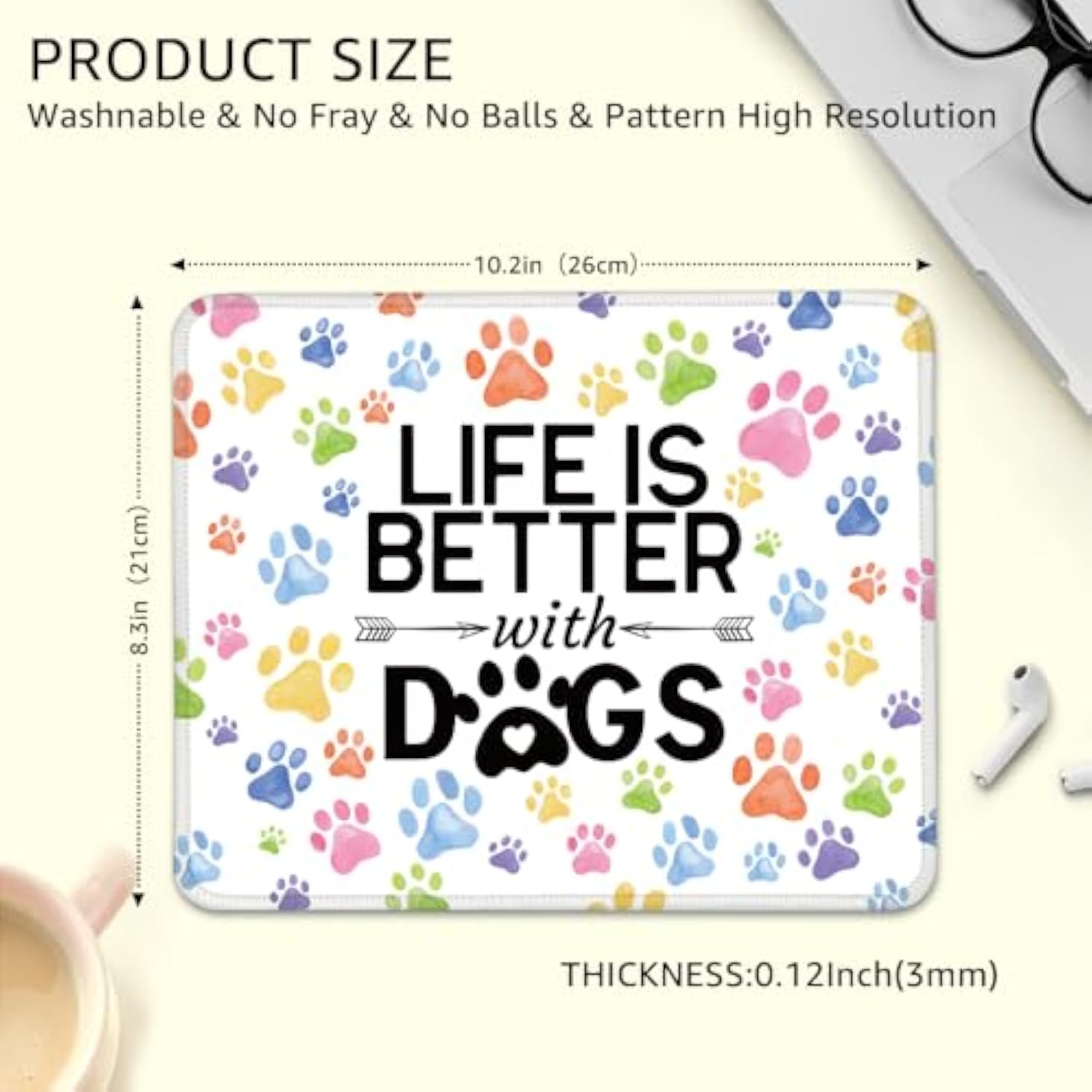 Life Is Better With Dogs Non-Slip Mouse Pad With Stitched Edge, Funny Dogs Mousepad Gifts For Wireless Computer Laptop, Birthday Gifts For Friends Coworker Colleague Dog Mom, Dog Lover Gifts