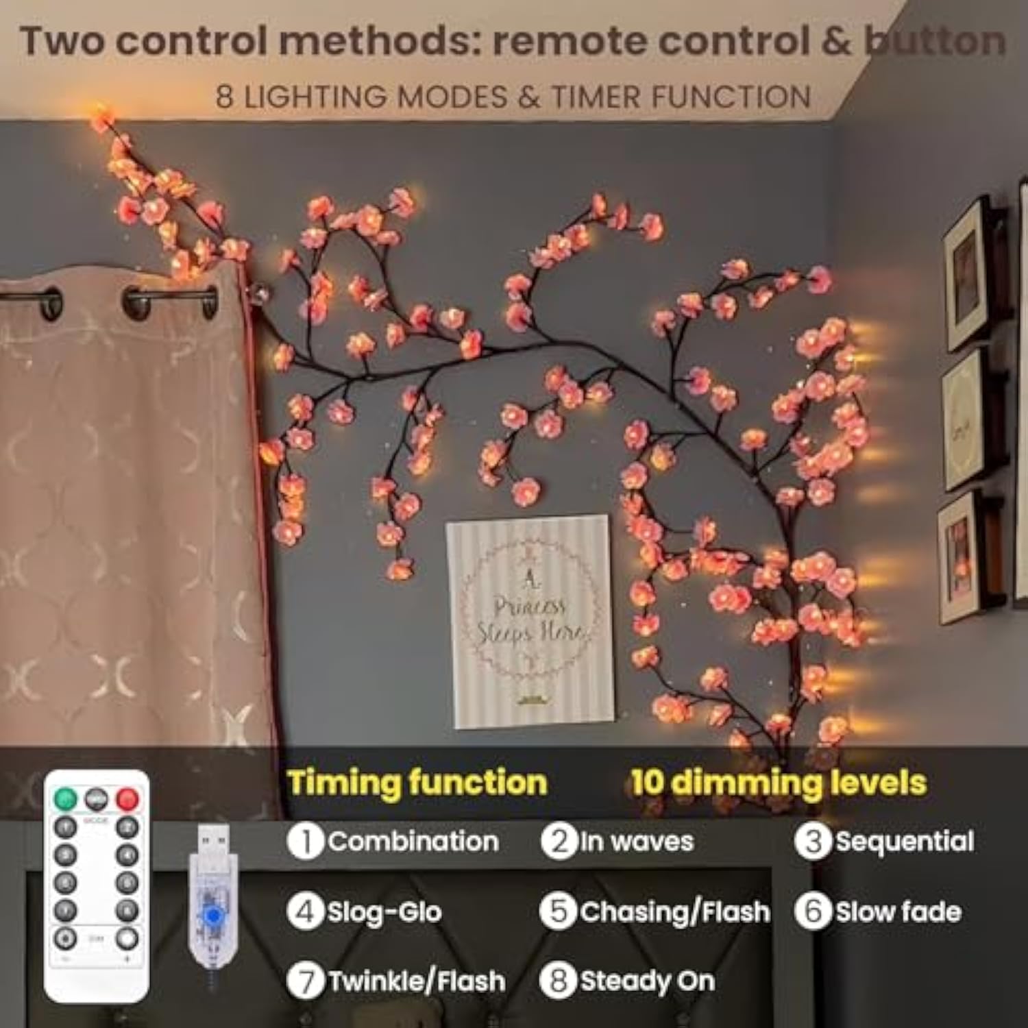 Cherry Led Tree Branch Lights For Wall, Cherry Blossom Willow Vine Twig Decor Garland With 48 Led Lights And Remote,8 Li