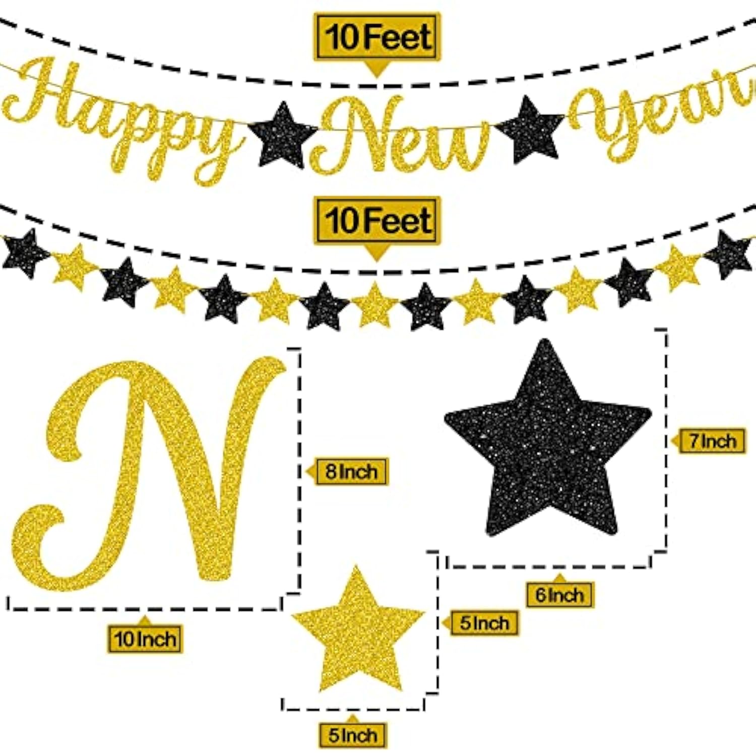 10ft Pre-Strung Gold Glitter "Happy New Year" Banner No-DIY 2026 NYE Sign
