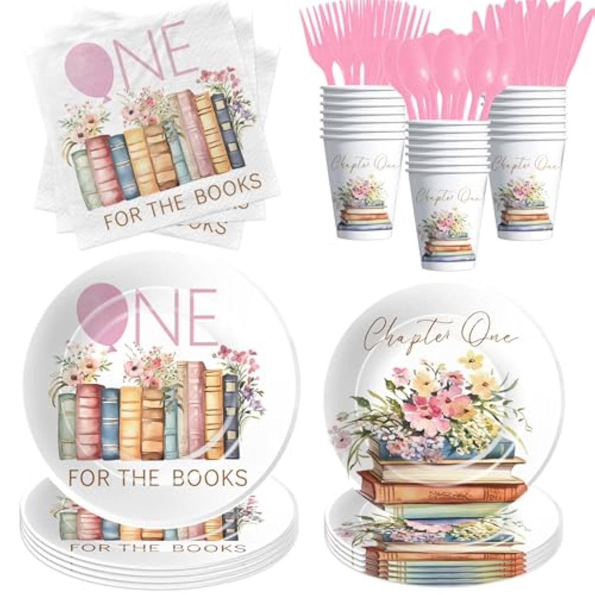 Storybook 1St Birthday Decorations Girl Tableware, Library Reading Book Club Theme First Birthday Party Supplies, Chapter One Paper Plate, Cup, Napkin, Disposable Cutlery, 24 Guests