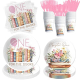 Storybook 1St Birthday Decorations Girl Tableware, Library Reading Book Club Theme First Birthday Party Supplies, Chapter One Paper Plate, Cup, Napkin, Disposable Cutlery, 24 Guests