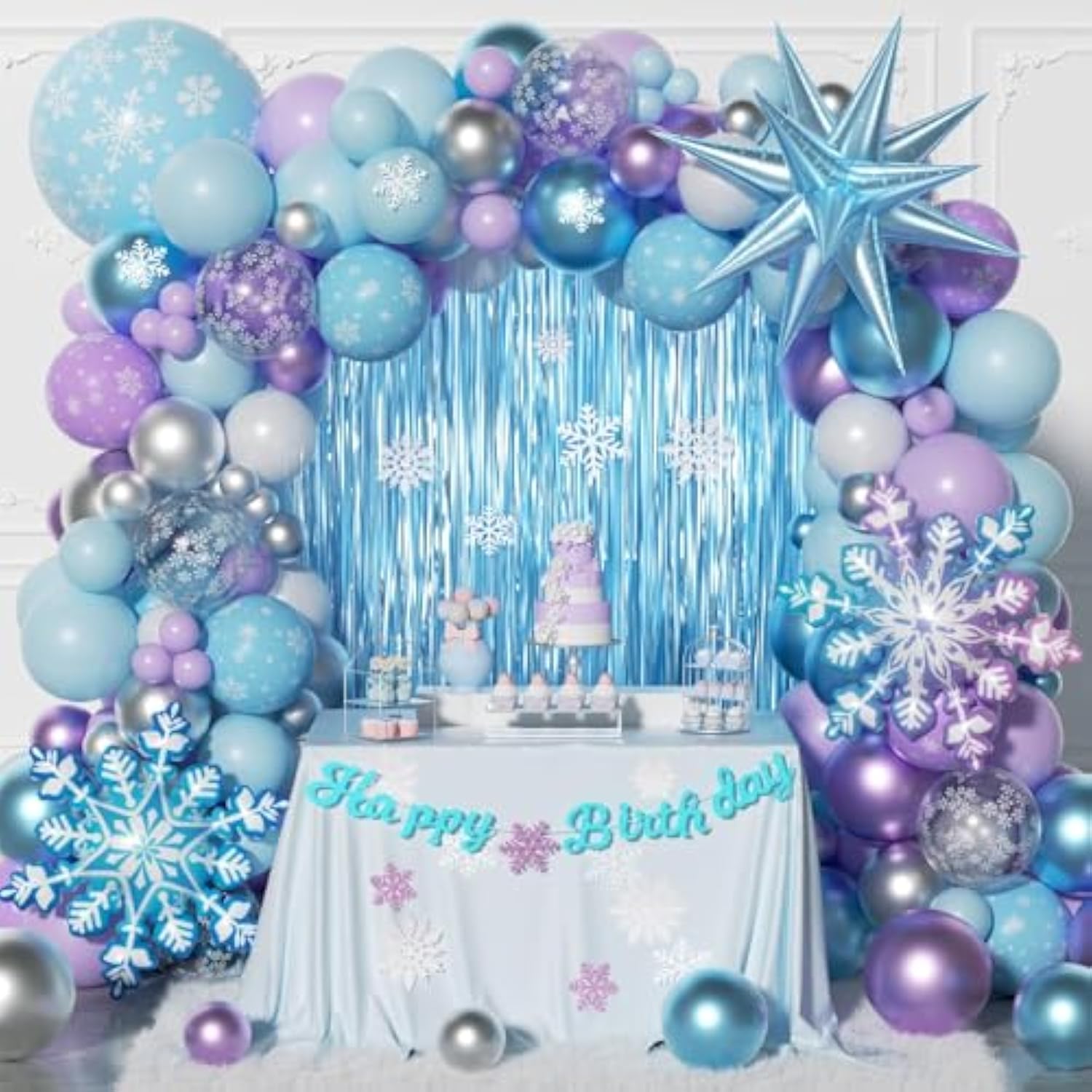 212Pcs Frozen Balloon Arch Garland Kit, Blue Purple White Balloons With Fringe Curtain Snowflake Balloons Birthday Banner For Winter Wonderland 3Th 4Th Frozen Birthday Party Decorations