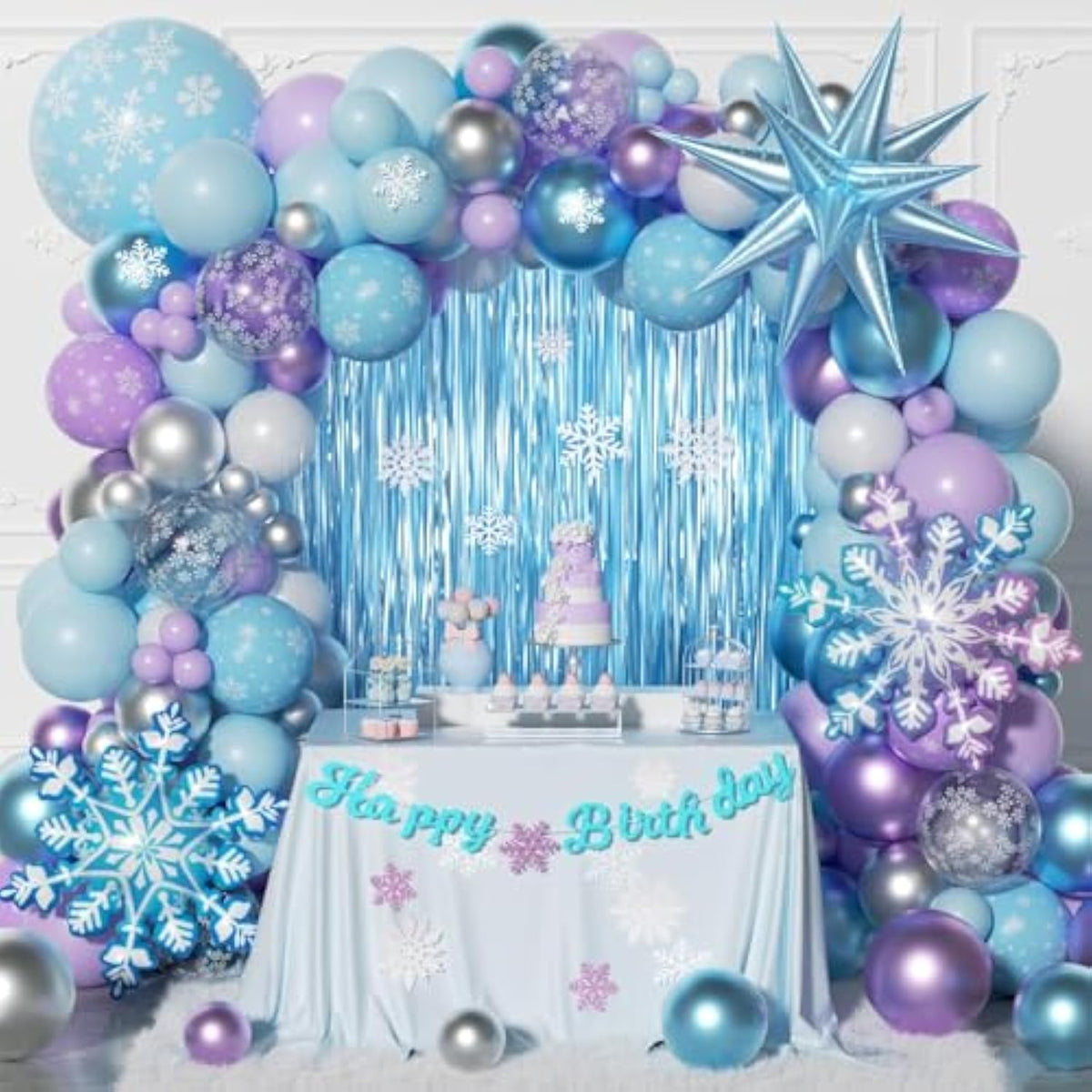 212Pcs Frozen Balloon Arch Garland Kit, Blue Purple White Balloons With Fringe Curtain Snowflake Balloons Birthday Banner For Winter Wonderland 3Th 4Th Frozen Birthday Party Decorations