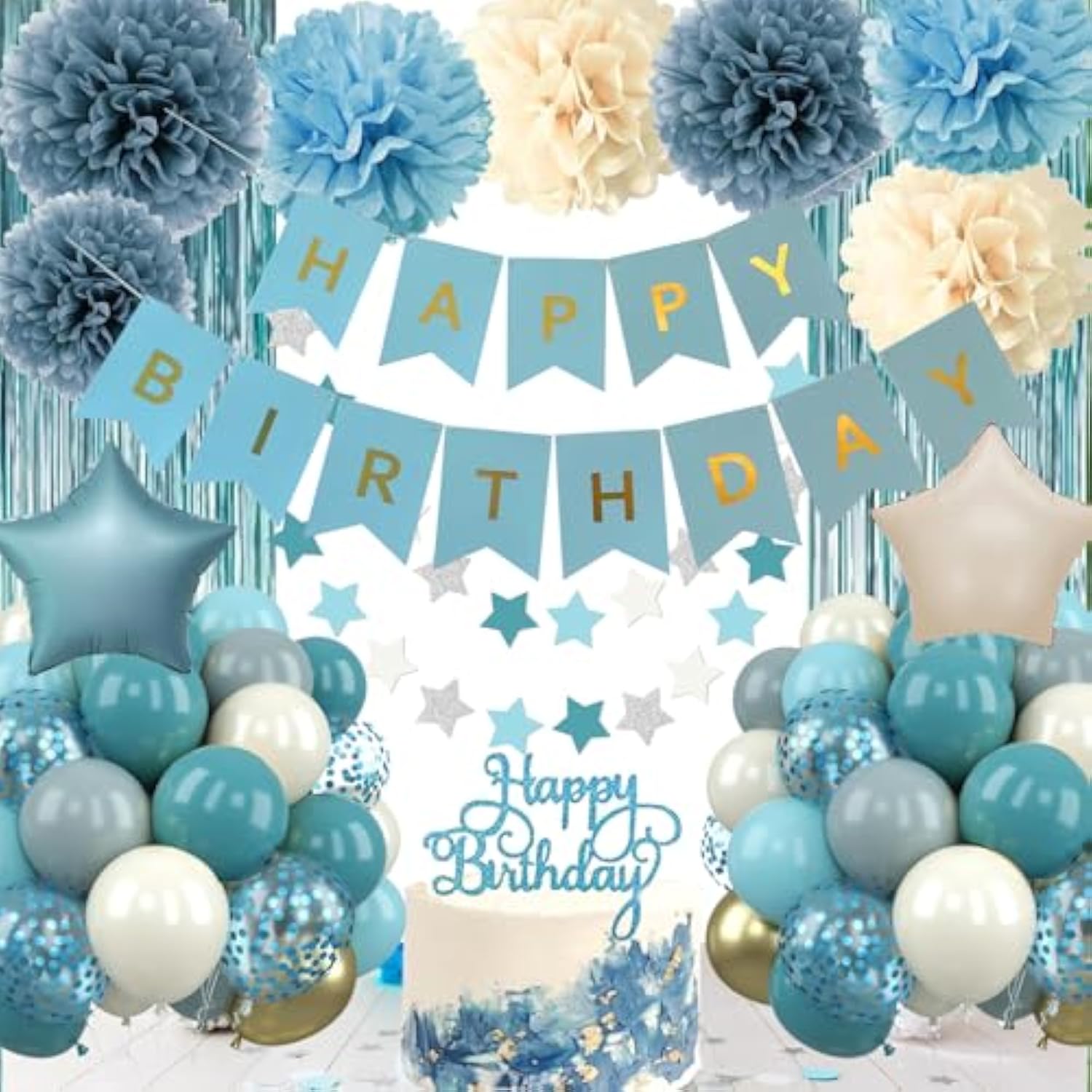 60pcs Blue Birthday Decorations with Balloons, Banner, Fringe Curtain & Pom Poms
