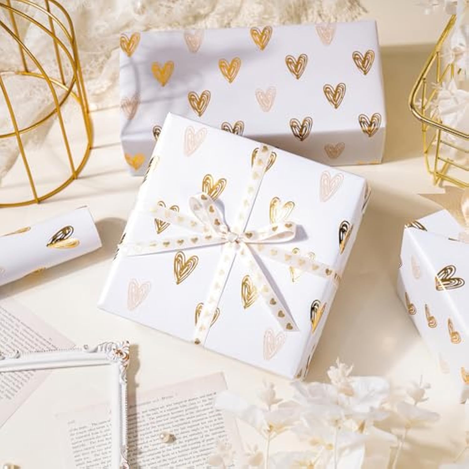 Heart Wrapping Paper Roll - Mini Roll - 17 Inch X 16.5 Feet - Gold Foil Heart Design For Valentines Day, Wedding, Bridal Shower, Birthday, Baby Shower