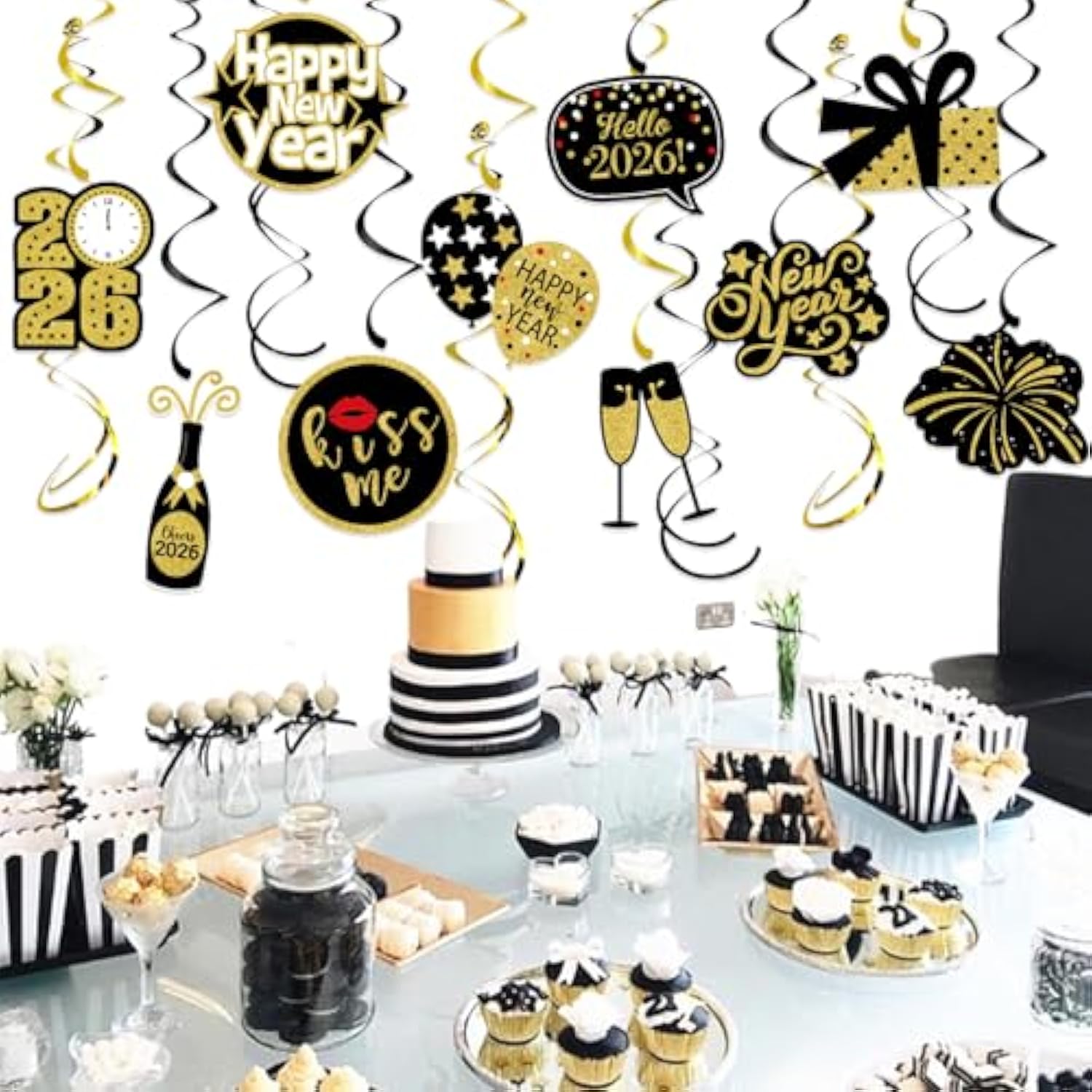 16pc Black Gold 2026 Swirl Streamers Banner New Year’s Eve Party Decor