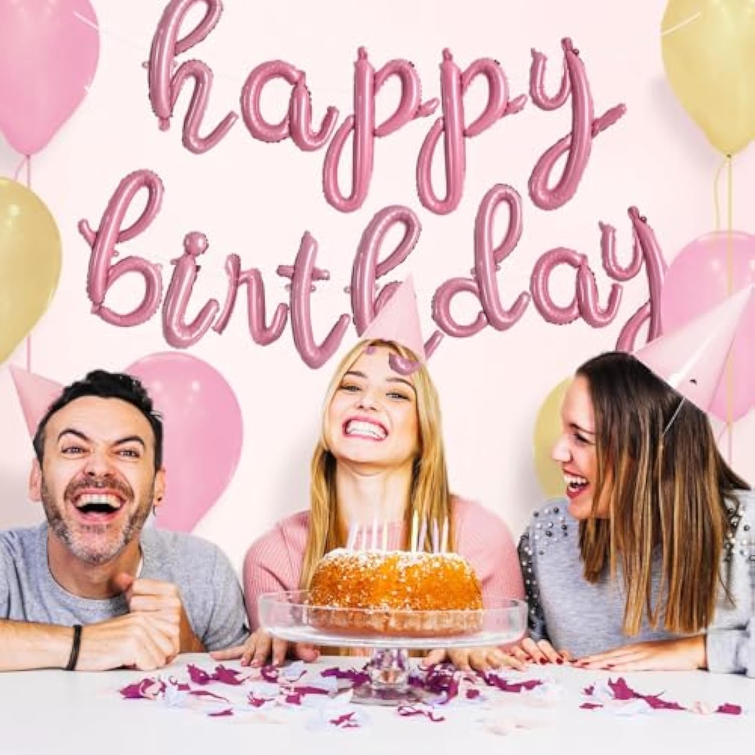 Happy Birthday Banner, Cursive Balloons, Light Pink Mylar Foil Birthday Balloons For Kids And Adults