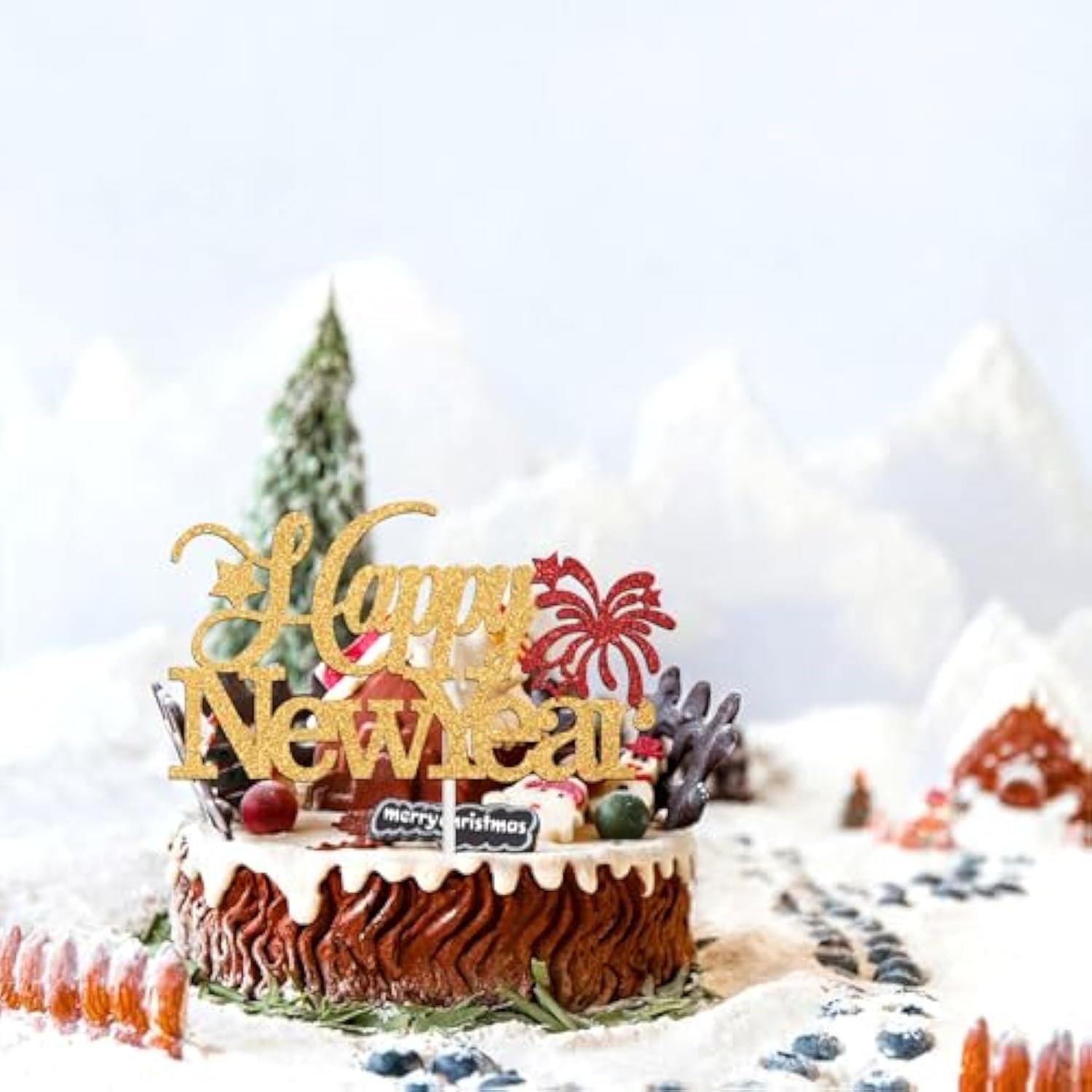 Happy New Year Cake Topper 2026 with Red Blue Glitter for Holiday Party Decor