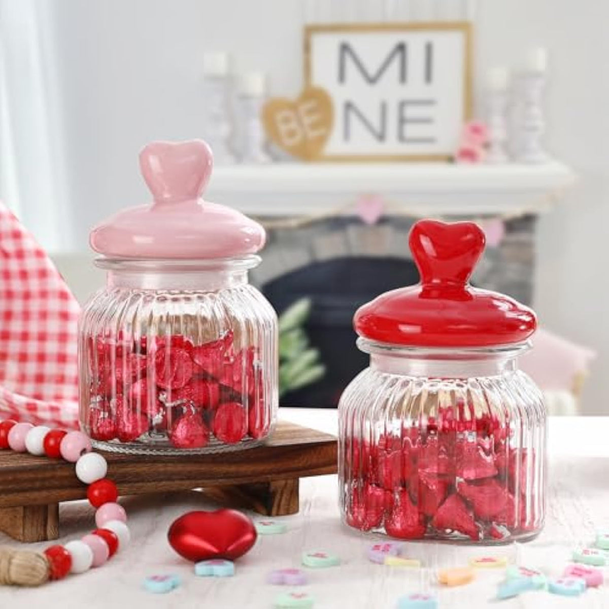 Valentines Day Decorations -2 Pcs Glass Jars With Ceramic Heart Lid-Valentines Glass Storage For Chocolate Candy Sweets Gift Table Party Centerpieces Decor