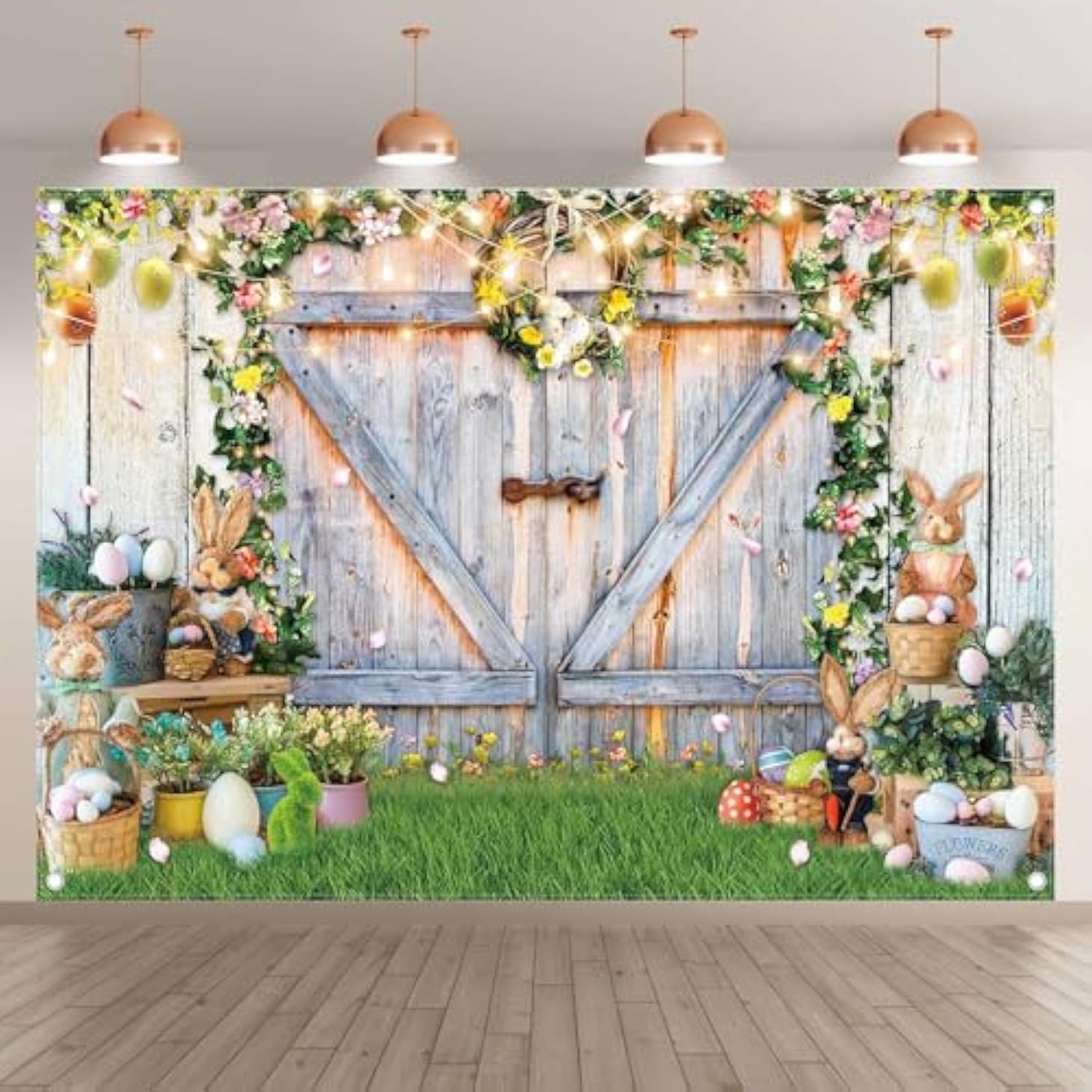 7X5Ft Spring Easter Photography Backdrops Garden Floral Grass Rabbit Eggs Background Bunny Stand Photo Banner Tapestry Booth Props