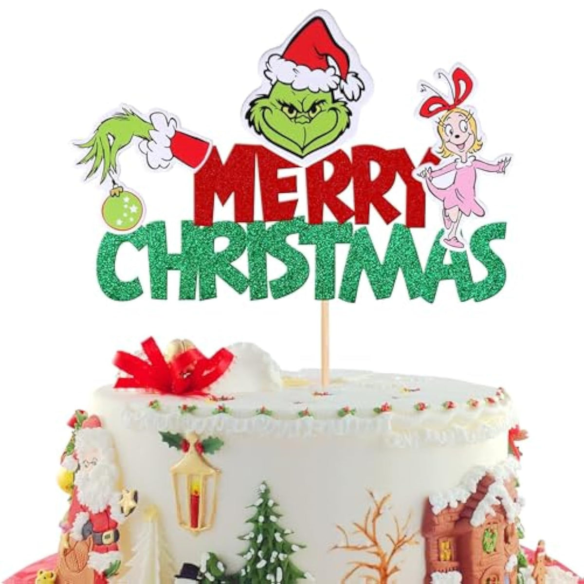 Glitter Green Merry Christmas Cake Topper Hand Pick Party Decor