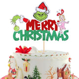 Glitter Green Merry Christmas Cake Topper Hand Pick Party Decor