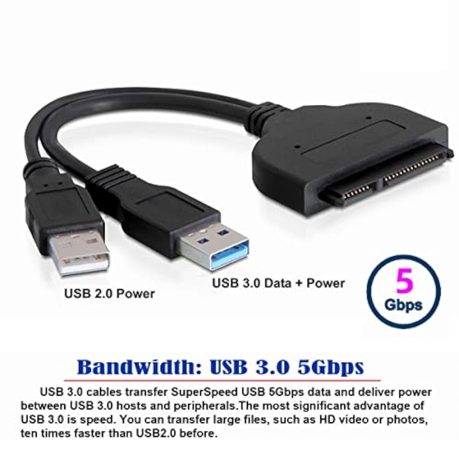 Cy Sata To Usb 3.0 Adapter Cable With Extra 5V Power 6Gbps Support 2.5Inch Ext