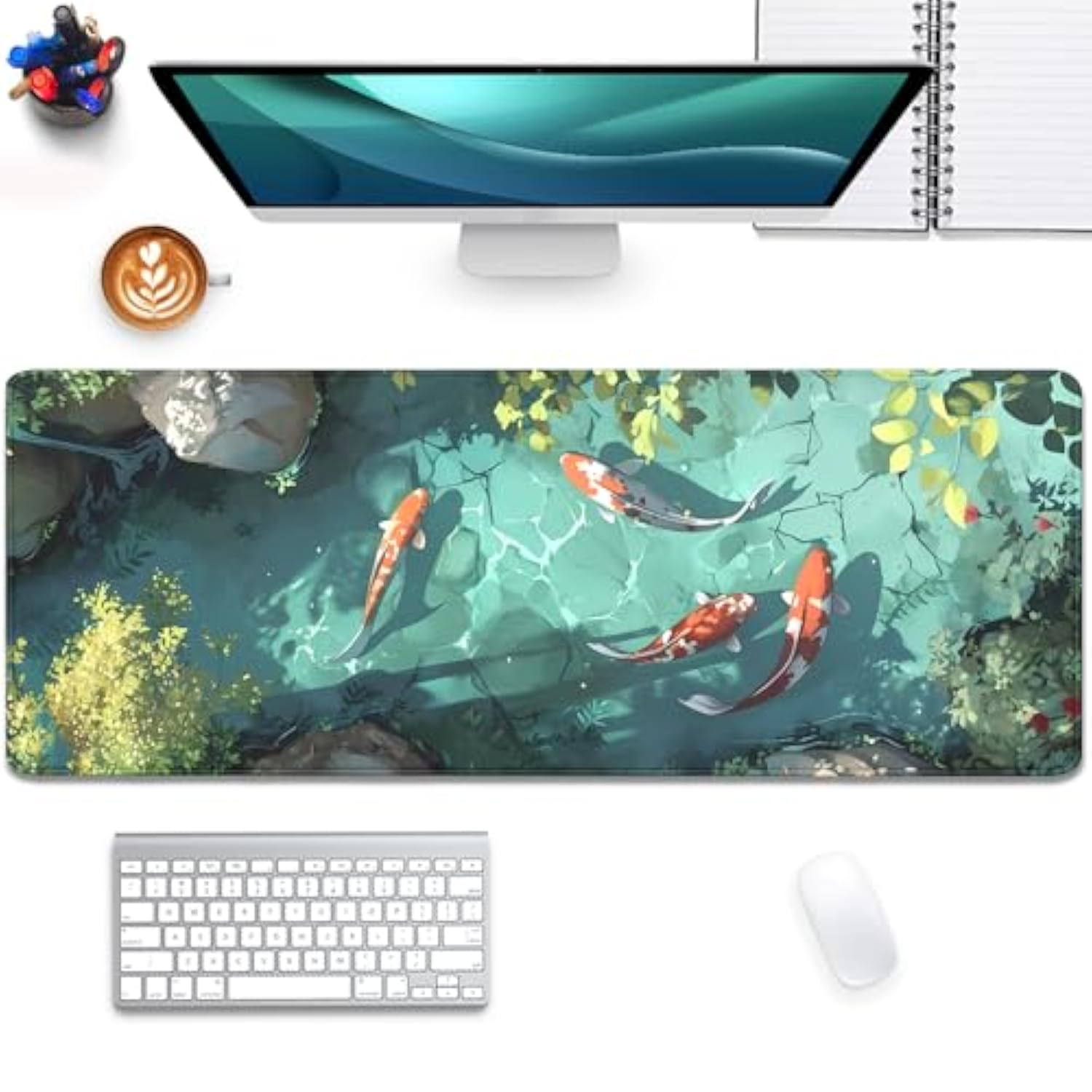 Japanese Koi Carp Fish Desk Pad Mouse Pad,Large Gaming Mouse Mat With Stitched Edges,Non-Slip Rubber Base Mouse Mat For Office,Computer,Keyboard,Laptop And Home Desk Mat(31.5X11.8 In)