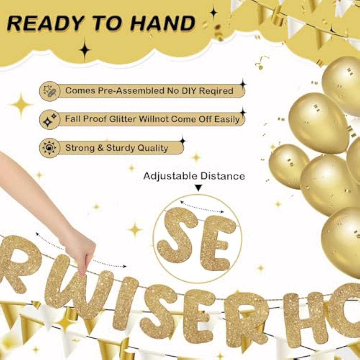 Older Wiser Hotter Glitter Banner Set: Champagne Gold Birthday Party Decor