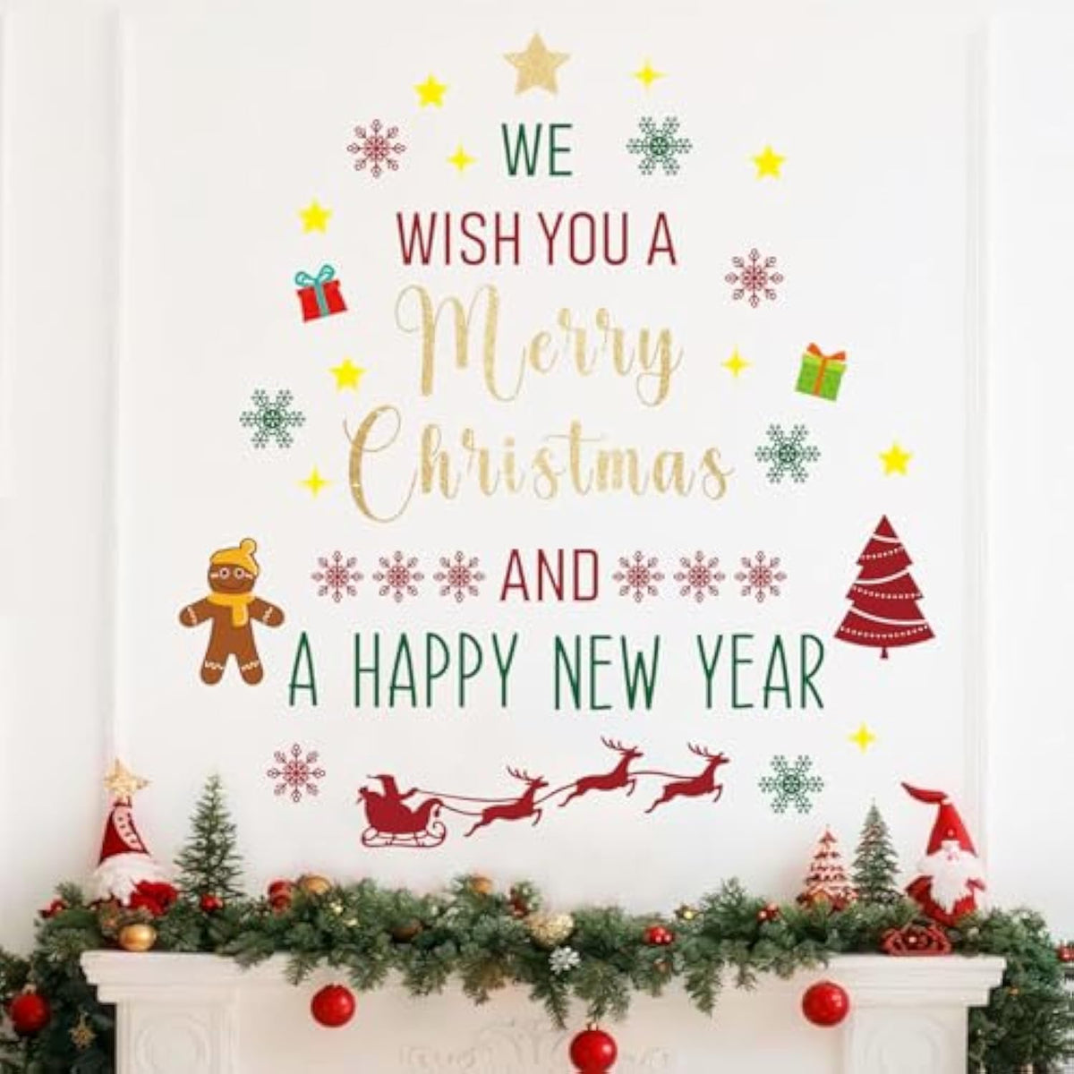 Christmas Wall Decals Stickers Decor Glitter Merry Christmas Tree Happy New Year Quote Decorations Holiday Seasonal Wall Art Decor For Home Office Classroom Party Ornaments