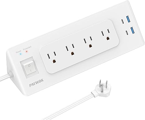 Outlet Extender Surge Protector 4 Outlets USB C USB Ports 6.5FT Flat Plug Extension Cord White