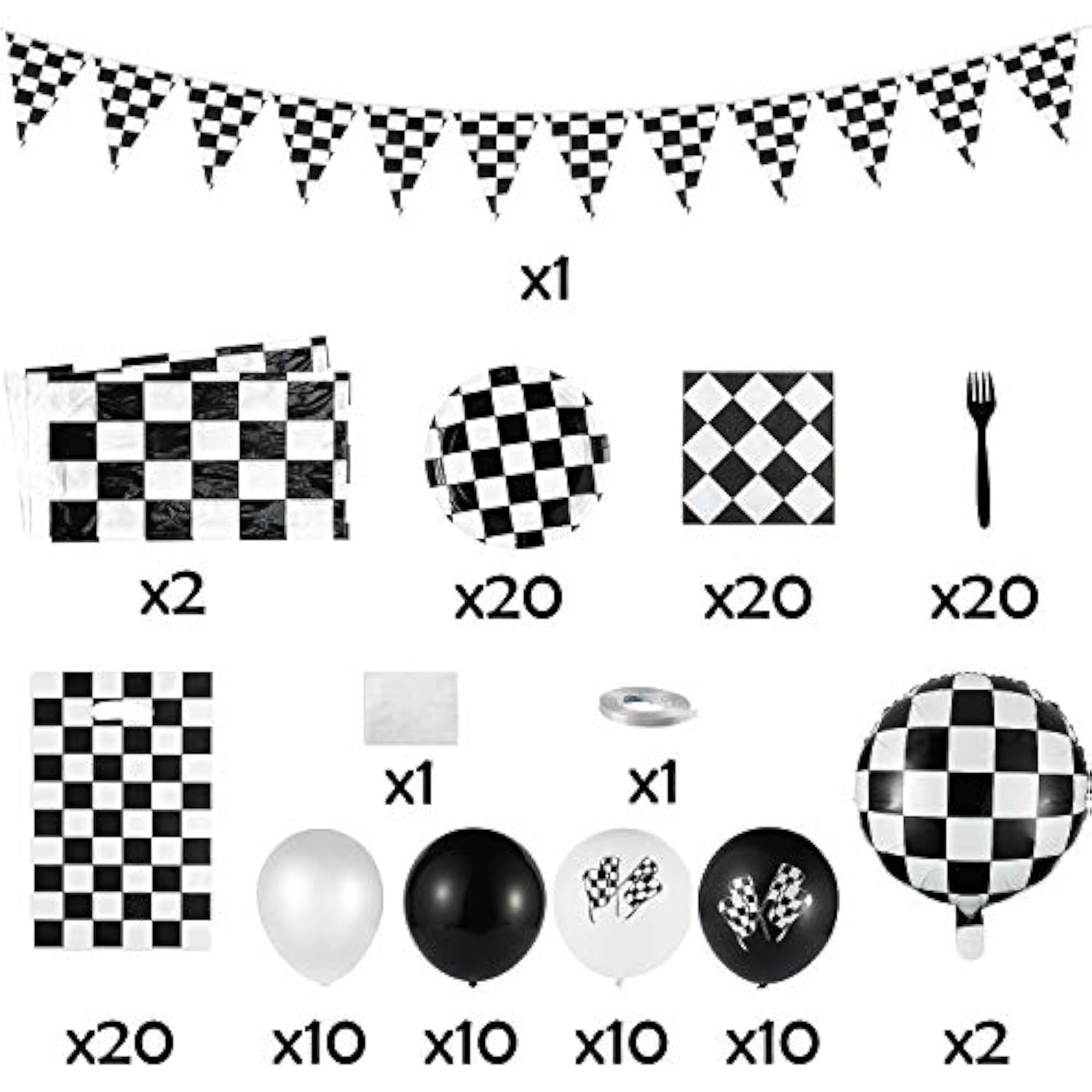 127 Pcs Race Car Checkered Party Kit with Banner, Balloons, Tableware for 20 Guests