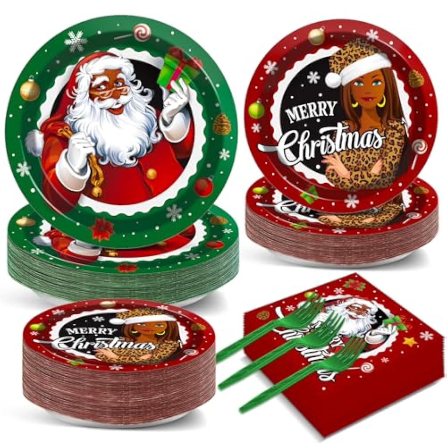200 Pcs Black Santa Claus Party Plates And Napkins Merry Christmas Party Supplies African American Christmas Tableware Set Holiday Dinner Dessert Decorations For Boys Girls Birthday 50 Guests